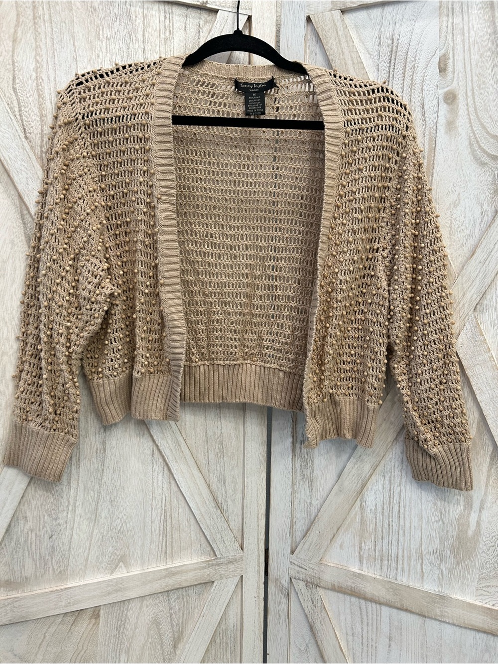 Sunny Taylor Beige Open-Weave Beaded Cropped Cardigan